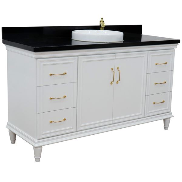 61" Single vanity in White finish with Black galaxy and round sink