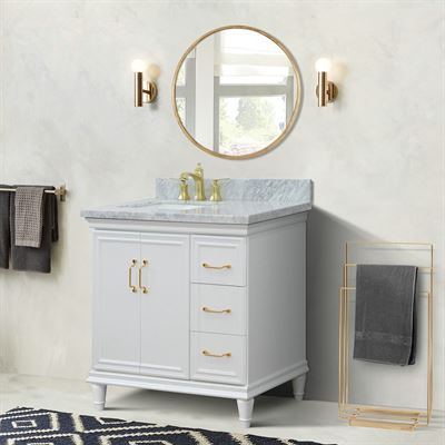 37" Single vanity in White finish with White Carrara and rectangle sink- Left door/Left sink