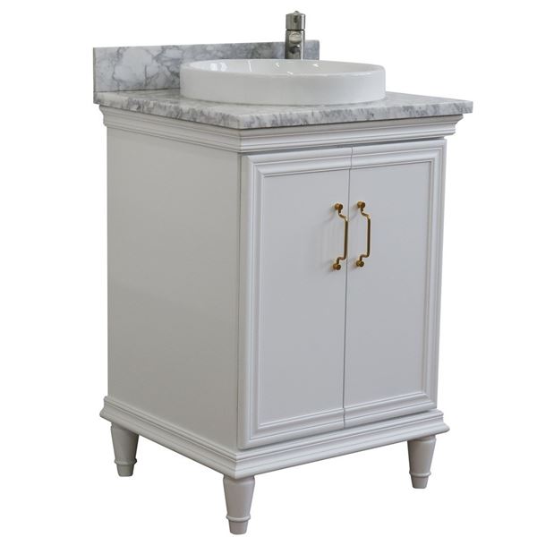 25" Single vanity in White finish with White Carrara and round sink