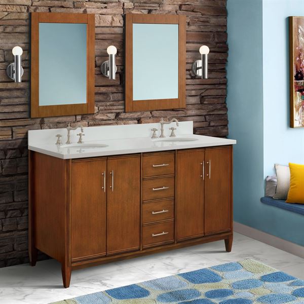 61" Double Sink Vanity in Walnut Finish With White Quartz and Oval Sink