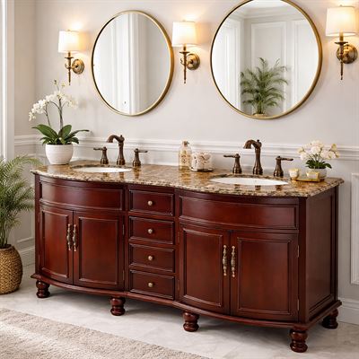 Heritage 62 in Double Sink Vanity in Cherry Finish with Baltic Brown Granite Top 