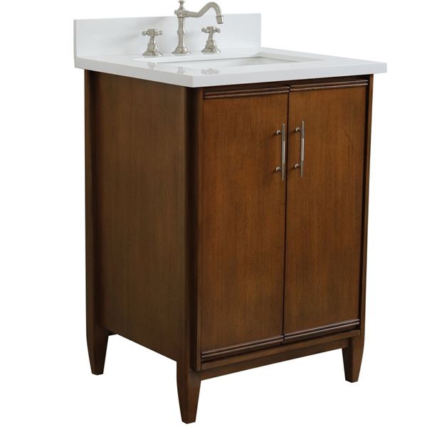25" Single Sink Vanity in Walnut Finish With White Quartz and Rectangle Sink