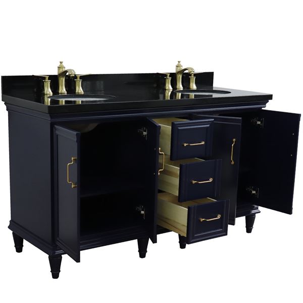 61" Double sink vanity in Blue finish and Black galaxy granite and oval sink