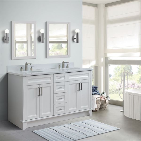 61″ Double Sink Vanity in White Finish and White Quartz and Oval Sink
