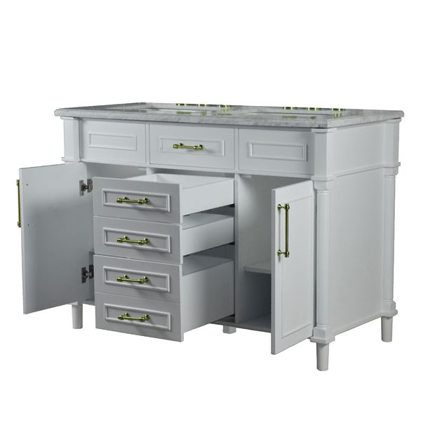Napa 48 in. Double Vanity in White with White Carrara Marble Top with Gold Hardware