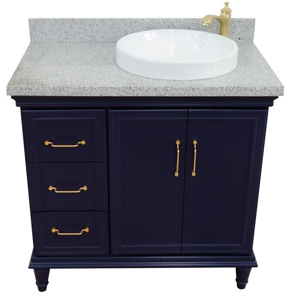 37" Single vanity in Blue finish with Gray granite and round sink- Right door/Right sink