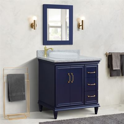 37" Single vanity in Blue finish with White Carrara and round sink- Left door/Left sink