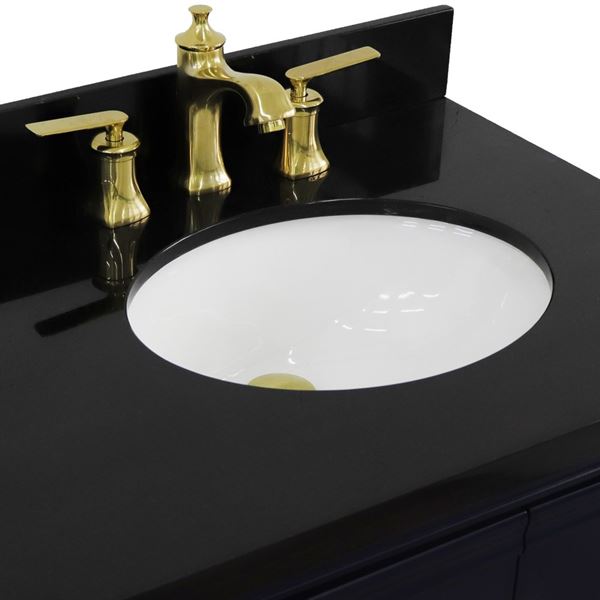 37" Single vanity in Blue finish with Black galaxy and oval sink- Right door/Right sink