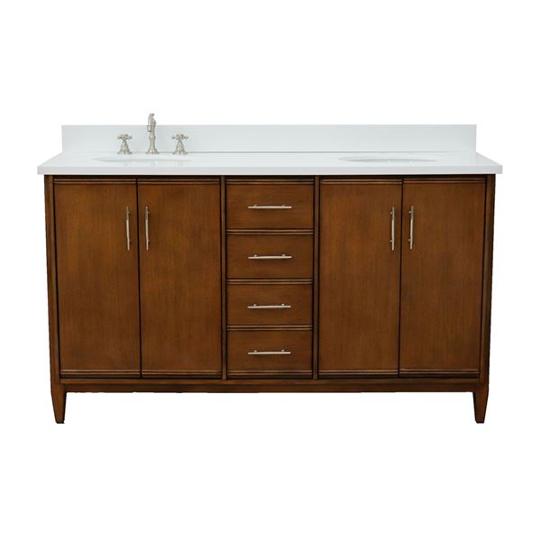 61" Double Sink Vanity in Walnut Finish With White Quartz and Oval Sink
