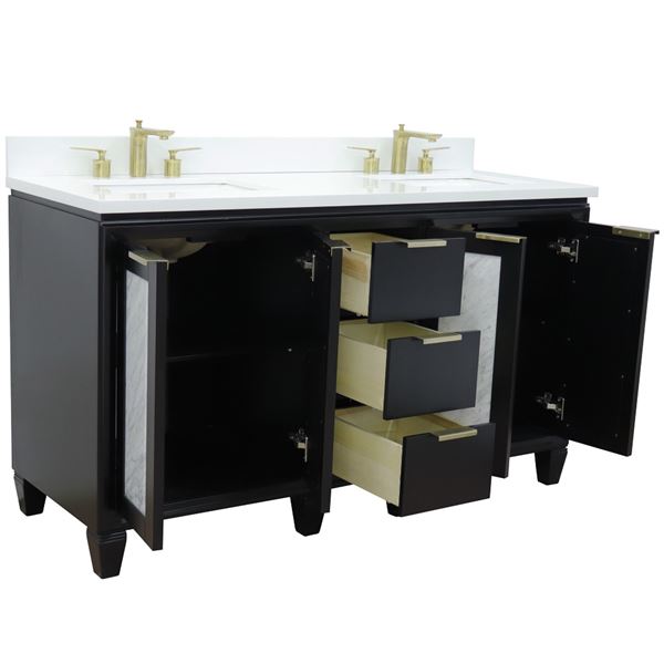 61" Double Sink Vanity in Black Finish With White Quartz and Rectangle Sink