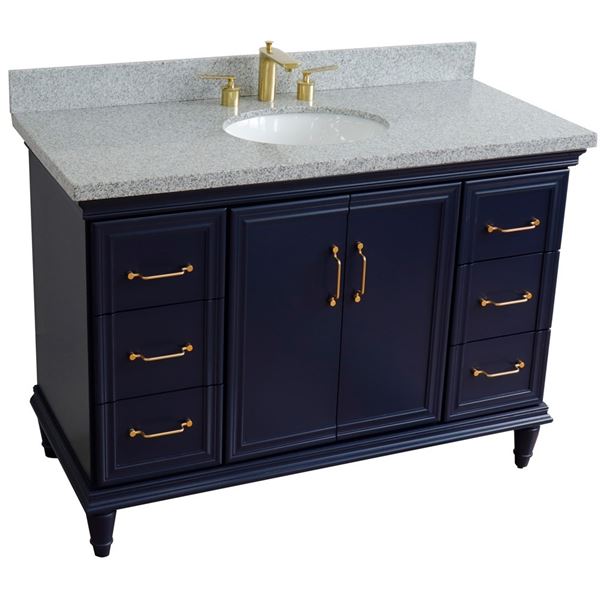 49" Single sink vanity in Blue finish with Gray granite and and oval sink