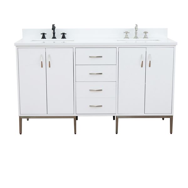 61" Double Sink Vanity in White Finish With White Quartz and Rectangle Sink