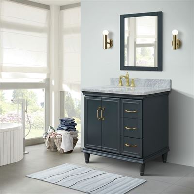37" Single vanity in Dark Gray finish with White Carrara and oval sink- Left door/Left sink