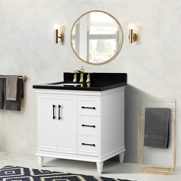 37″ Single Vanity in White Finish with Black Galaxy and Rectangle Sink- Left Door/Left Sink