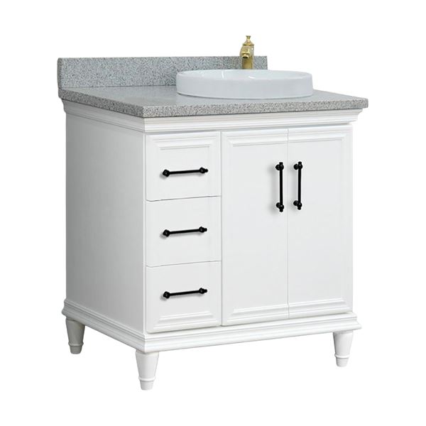 37" Single Vanity in White Finish with Gray Granite and Round Sink- Right Door/Right Sink